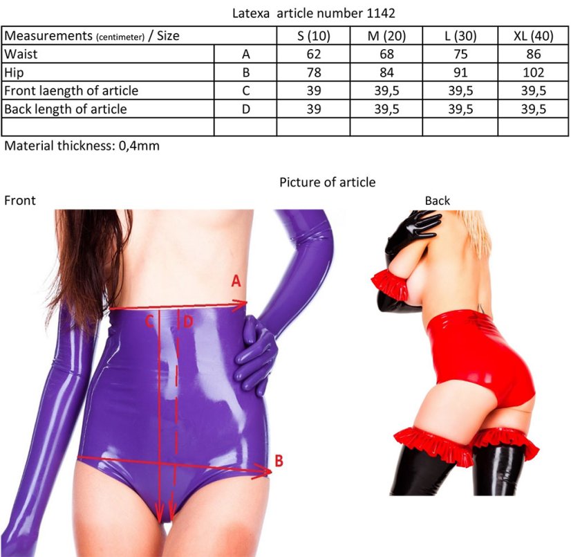 Extra vysoké latexové nohavičky - tabuľka veľkostí