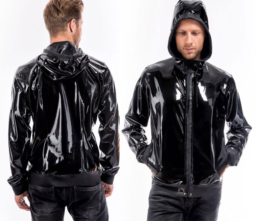 Latexová mikina s kapucňou a praktickými vreckami.