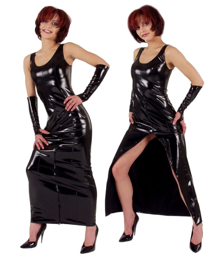 Dlhé lakové šaty s vysokým rázporkom na zips