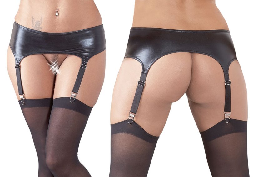 Komplet 2v1 - lesklý podväzkový pás a čierne pančuchy