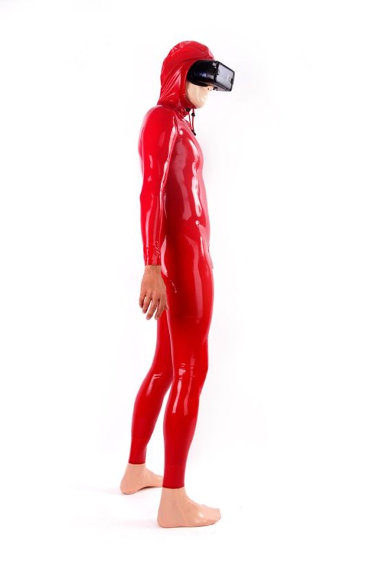 Latexový catsuit s kapucí a dvěma krátkými zipy - červený