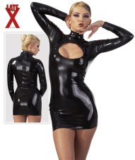 Latex mini dress with open neckline and long sleeves