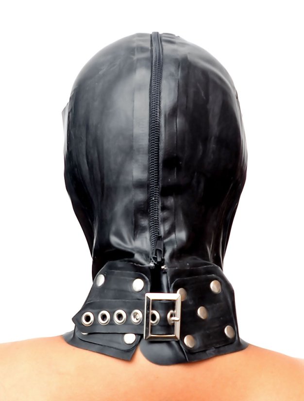 Latexová maska s vreckom na zips - pohľad zozadu