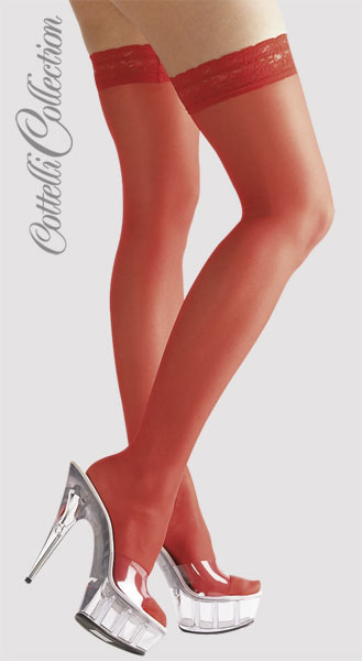 Classic hold-up stockings finished with wide lace - red