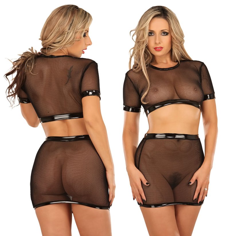 Síťový top s krátkými rukávy a lakovým lemováním