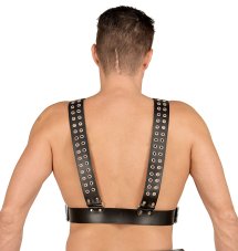 Pánský kožený hrudníkový postroj s dvouřadými přezkami - pohled zezadu