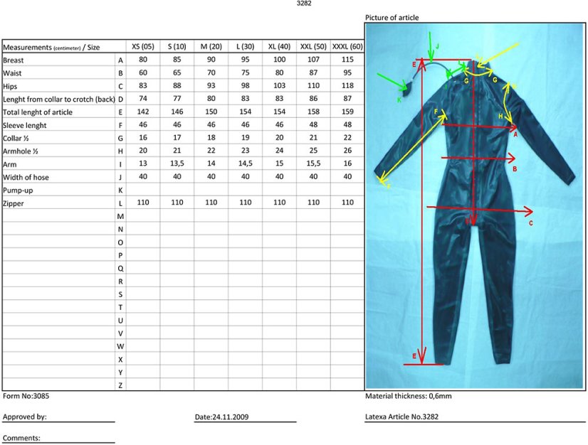 Dvojvrstvový nafukovací latexový catsuit - tabuľka veľkostí