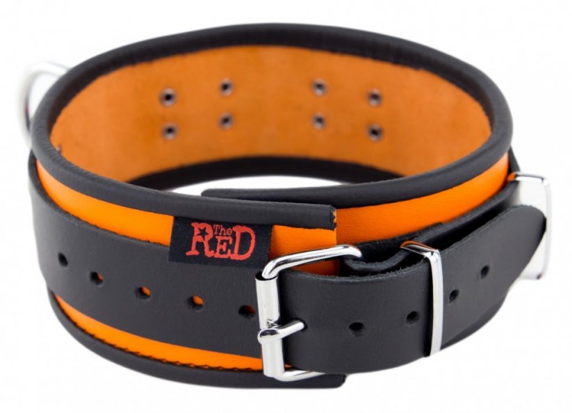 Kožený obojek "The Red" oranžovo-černý s lemováním