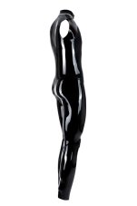 Pánsky latexový catsuit bez rukávov, so stojačikom a otvorom na penis - pohľad zboku