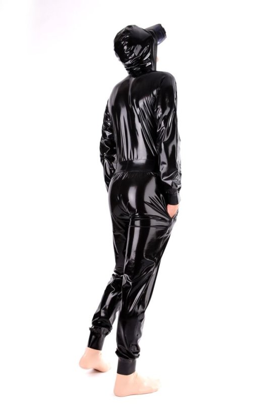 Voľný latexový catsuit s kapucňou - pohľad zozadu