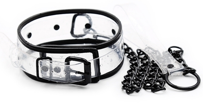 Priehľadný PVC obojok s čiernym lemovaním a čiernou reťazou