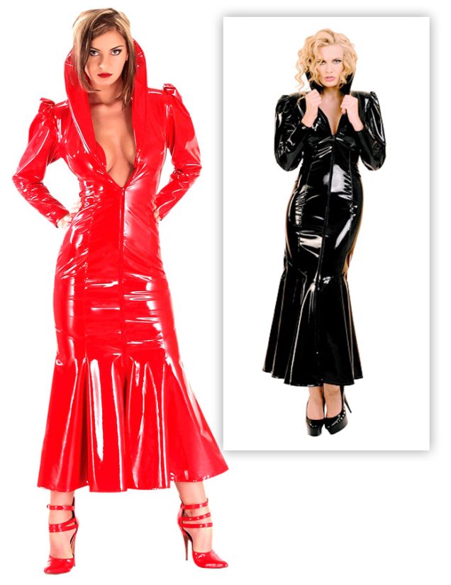 Dlhé lakové šaty s vysokým vystuženým golierom