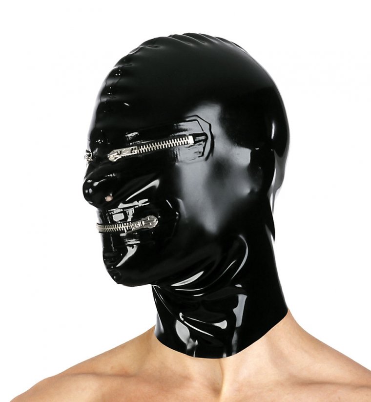 Latexová maska s masivními kovovými zipy přes oči a ústa