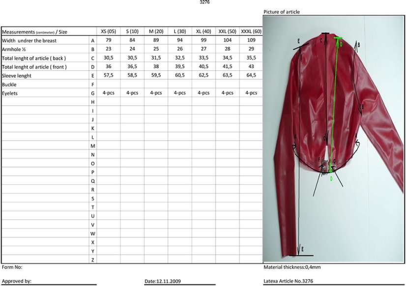 Latexové bolero s dlhými rukávmi - tabuľka veľkostí