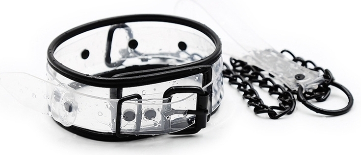 Priehľadný PVC obojok s čiernym lemovaním a čiernou reťazou