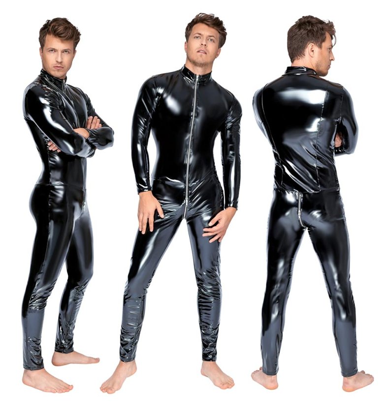 Pánsky lakový catsuit s predným zipsom