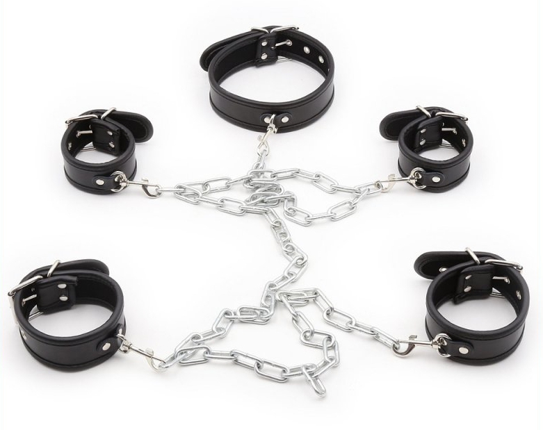 Black hand and foot cuffs, collar and 120 cm long chain