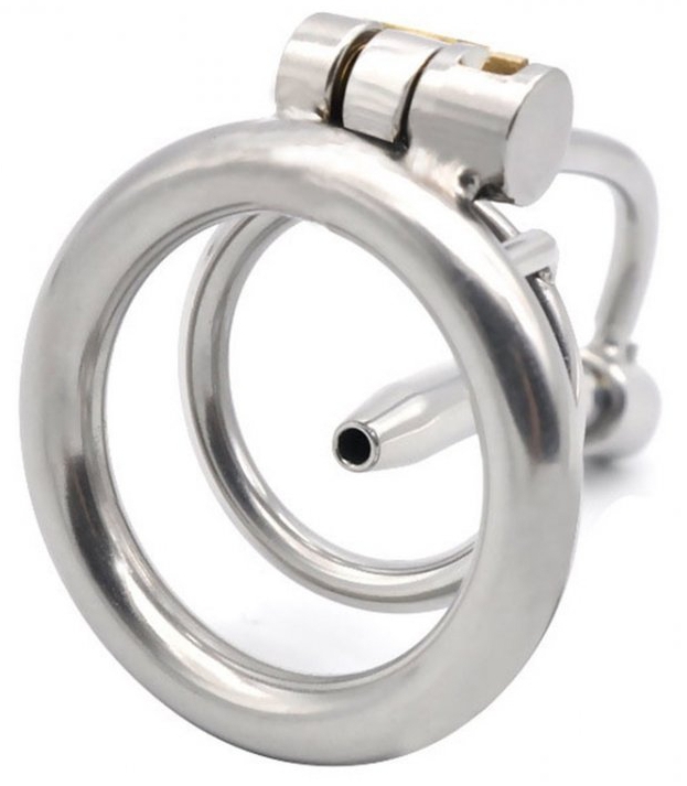 Kovový pás cudnosti s priepustnou tyčinkou do penisu 8 mm - M (krúžok 4,5 cm)