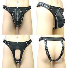 Pánske kožené tangá s odnímateľným vreckom na prirodzenie - pohľad zo všetkých strán