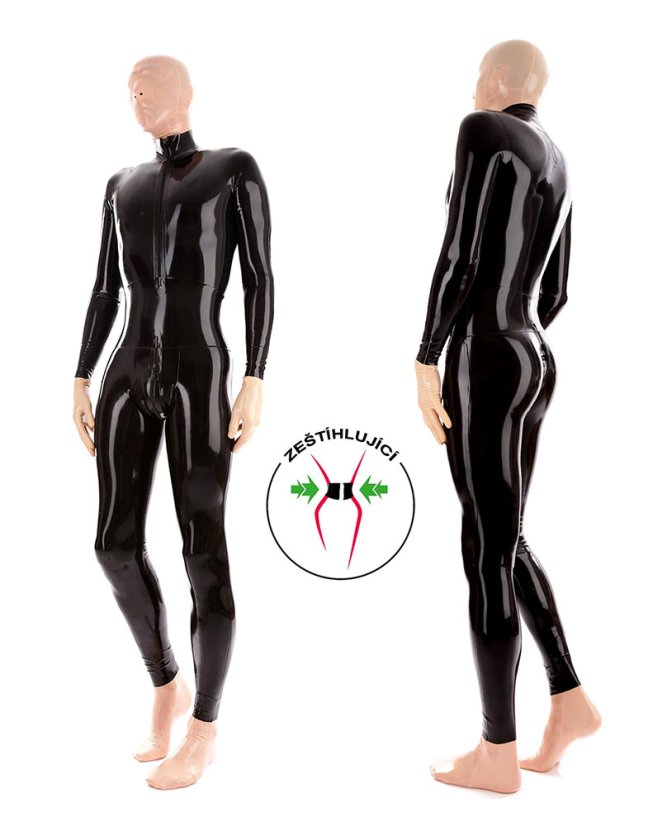 Zoštíhľujúci pánsky latexový catsuit s predným zipsom a spevneným pásom