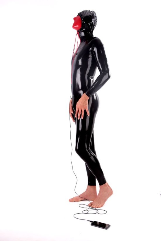 Latexový catsuit s kapucí a dvěma krátkými zipy - černý