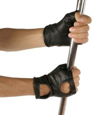 Short leather fingerless gloves with a large opening for the entire palm