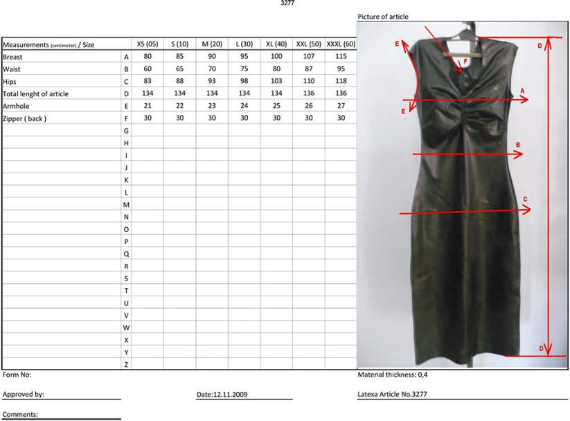 Dlouhé latexové šaty s širokými ramínky - tabulka velikostí