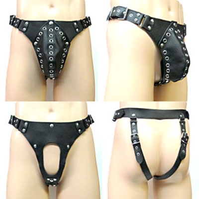 Pánske kožené tangá s odnímateľným vreckom na prirodzenie - pohľad zo všetkých strán