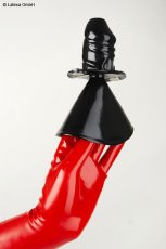 Priechodný latexový roubík v tvare penisu s lievikom