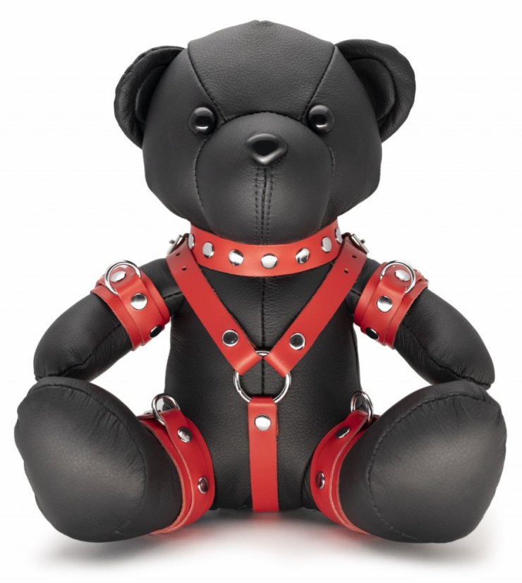 Kožený BDSM medvedík - červený postroj - gb17394