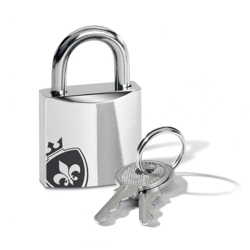 Kovový zámok s dvoma kľúčikmi k pásu cudnosti
