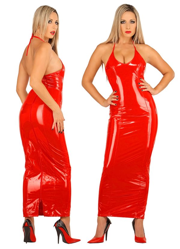 Dlhé lakové šaty na zaväzovanie za krkom