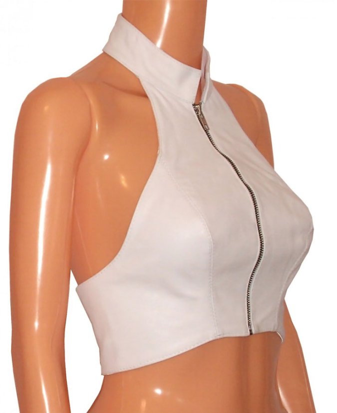 Kožený top s predným zipsom a štýlovým stojáčikom - pohľad zboku