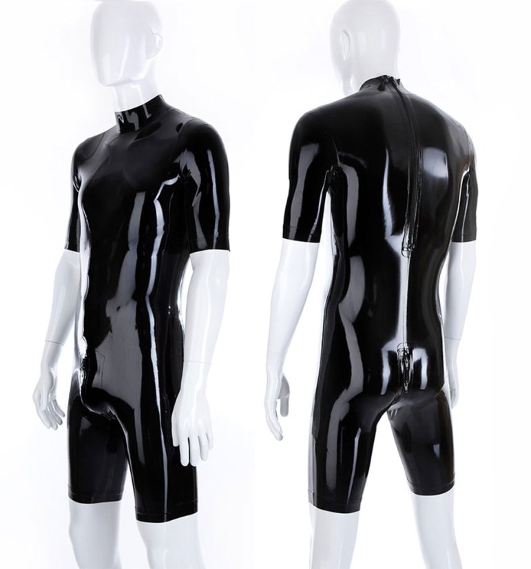 Pánsky latexový skrátený catsuit, tzv. surfsuit so stojačikom a zipsom v rozkroku