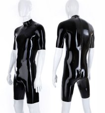 Men's latex cropped catsuit, also known as a surfsuit, with a stand-up collar and crotch zipper