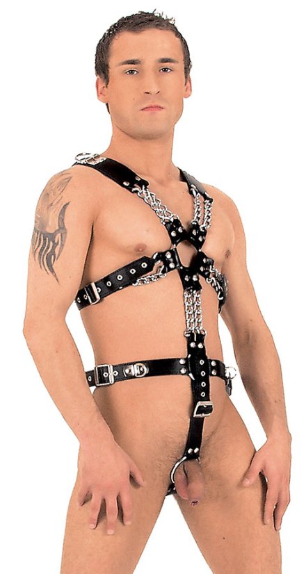 Pánsky kožený postroj s reťazami