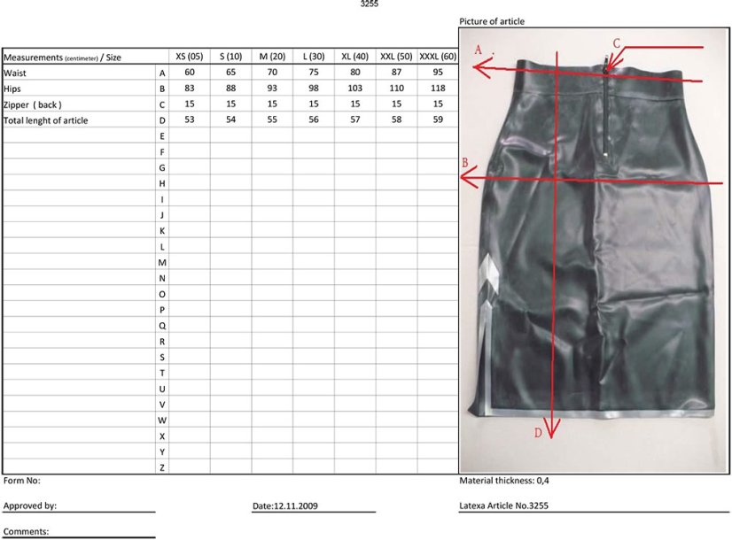 Latexová sukňa po kolená - tabuľka veľkostí