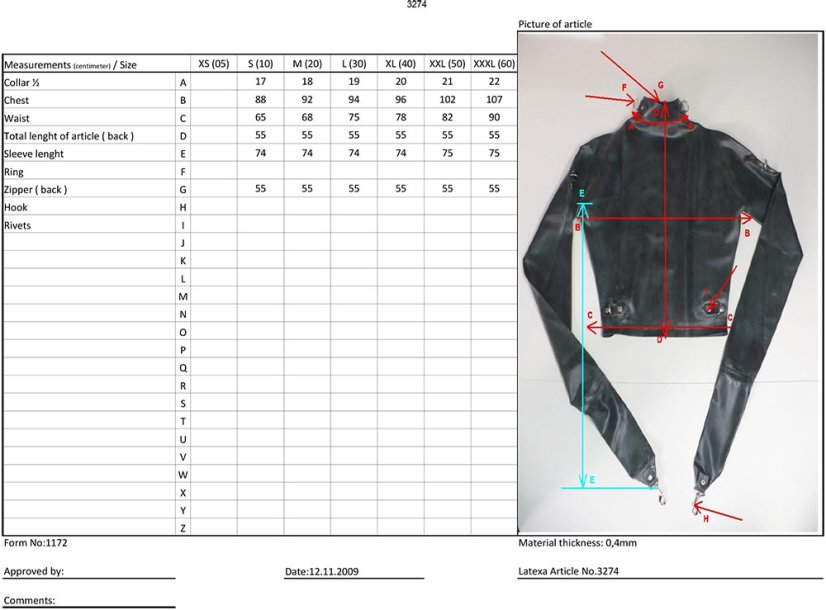 Ľahká latexová zvieracia kazajka - tabuľka veľkostí