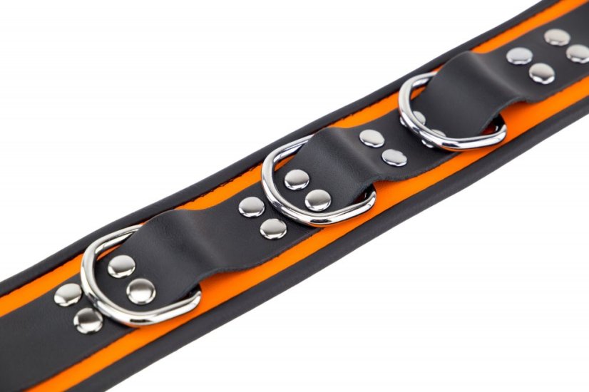 Kožený obojok "The Red" oranžovo-čierny s lemovaním
