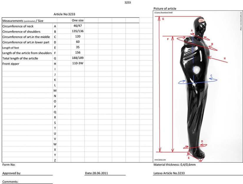 Latexový vak (spacák) s maskou - tabuľka veľkostí