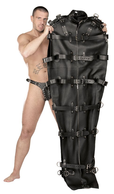 Kožený bondážny vak s remienkami a pútacími kruhmi