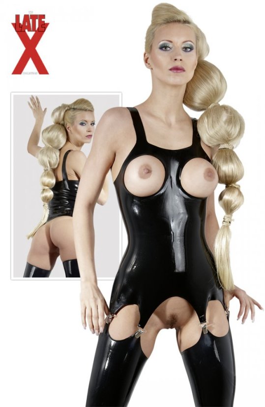 Dámske latexové body s ramienkami a otvormi pre prsia