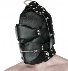 Kožená BDSM maska z hrubé kůže, se zipem a polstrovanou oční maskou