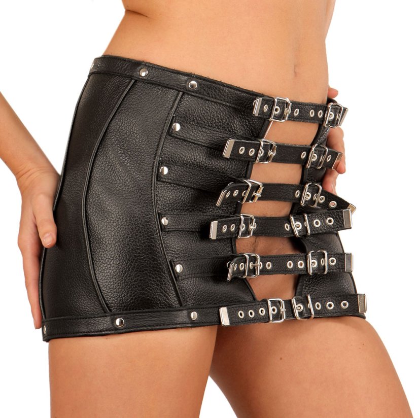 Kožená minisukně s mezerou a přezkami na přední straně - detail
