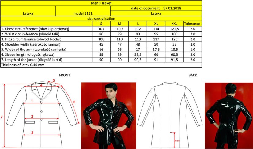 Pánske latexové sako - tabuľka veľkostí