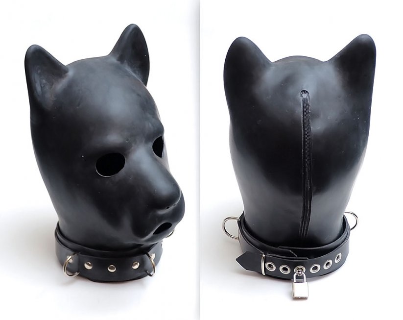 Latexová psí maska s uzamykatelným obojkem a otvory pro oči, nos a pusu - bs40541