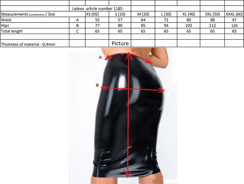 Latexová sukňa pod kolená - tabuľka veľkostí