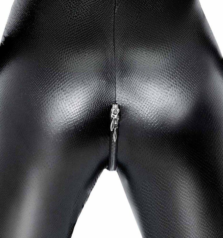 Lesklý elastický dámsky catsuit so vzorom hadej kože - detail zipsu