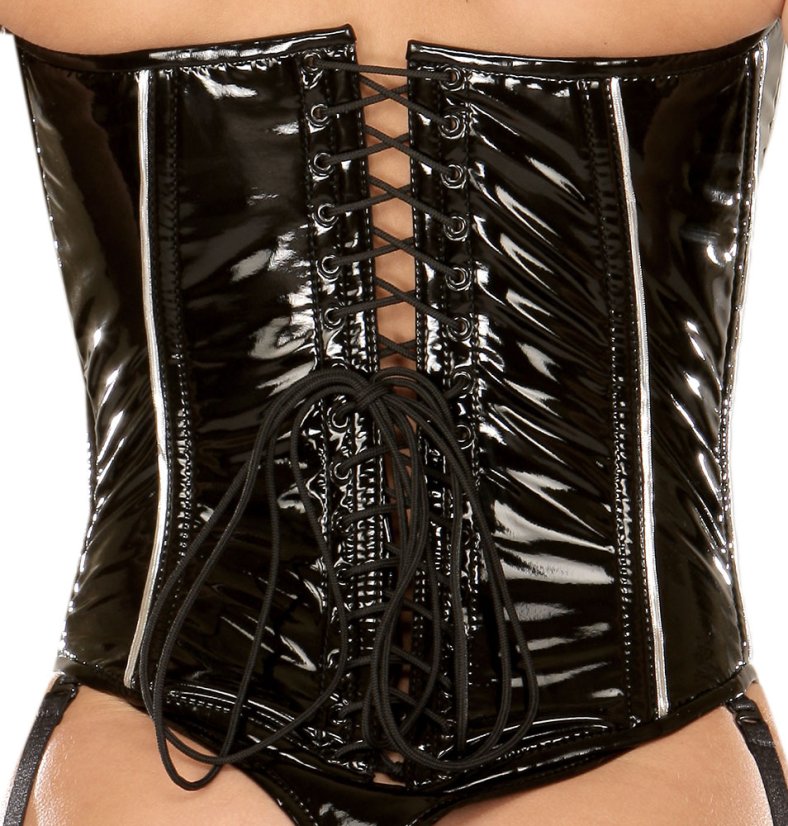 Lakový korzet so striebornými prúžkami - detail šnurovania