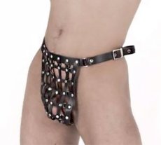 Pánske kožené mrežované tangá "vták v klietke"